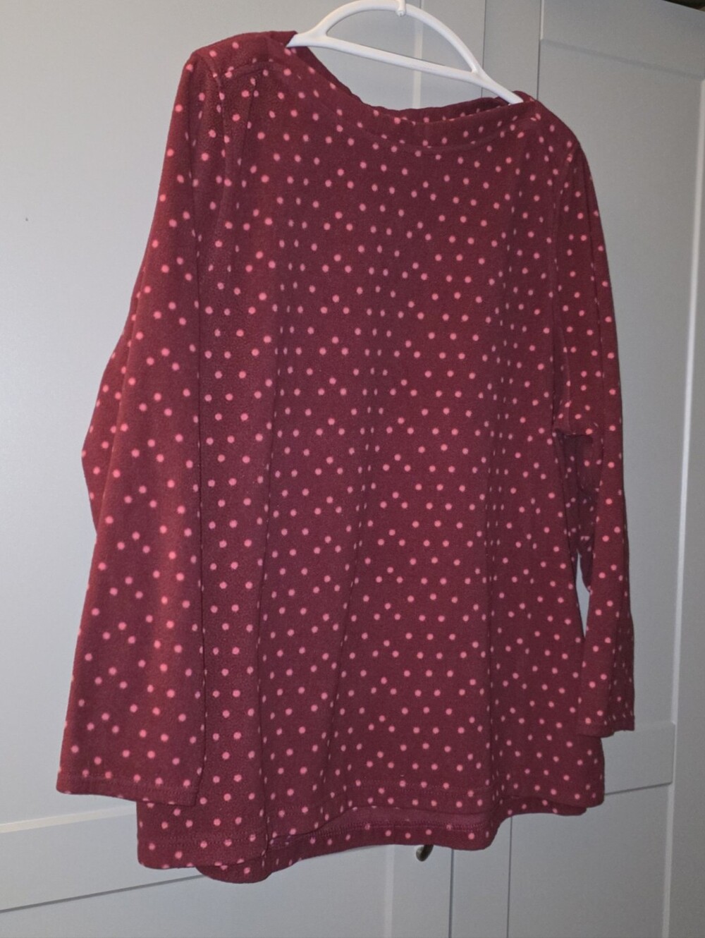 Lands' End Womens Boat Neck Fleece Top 2x/ Burgundy Pink Polka Dot